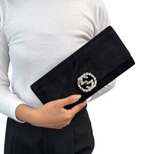 GUCCI Vintage GG Logo Clutch Bag Pouch Crystal Rhinestone Black Silver [105451]